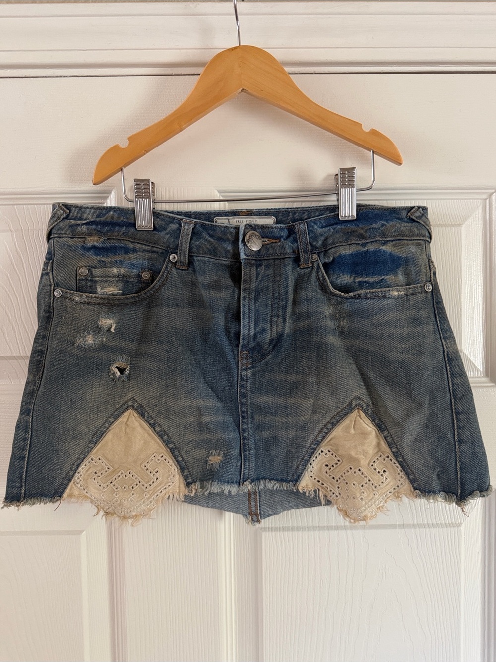 Free People Blue Denim Mini Skirt with Cream Lace Insets